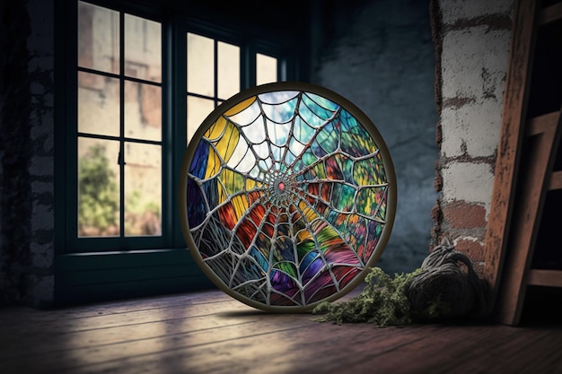 A spider web sits in front of a window with a window behind it.