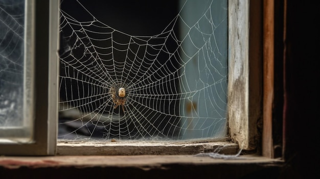 A spider web in a window with a spider on it