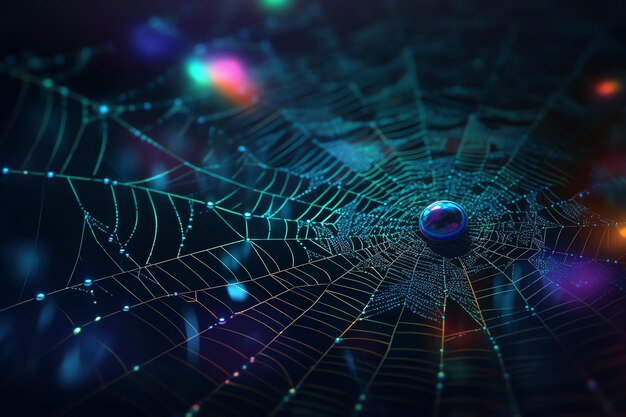 A spider web with a blue glow on it.