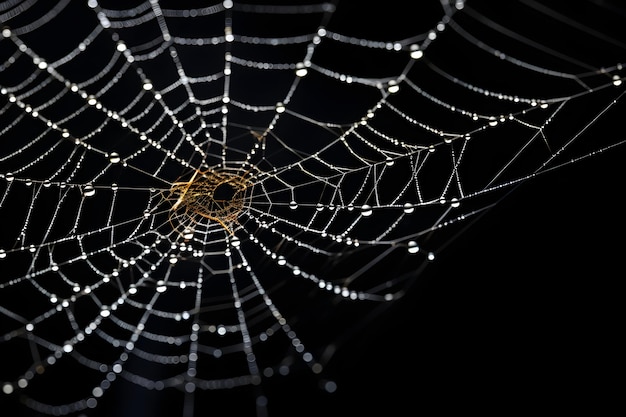 暗い背景の蜘蛛の網と水滴の蜘蛛網