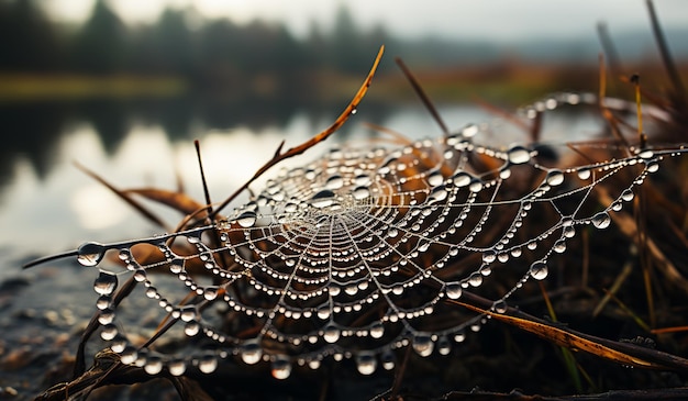 写真 アイが生成した露の滴を持つ蜘蛛の網