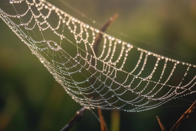 A spider web with dew drops on it