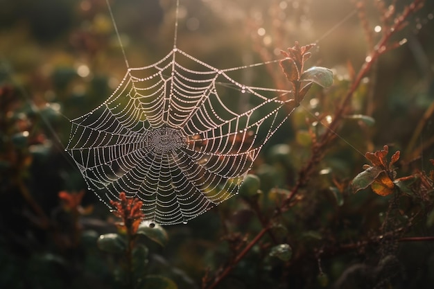 A spider web with dew drops on it