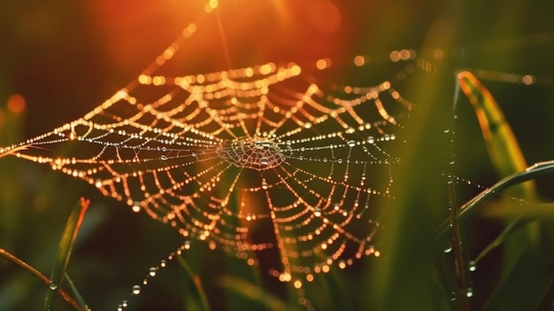 Spider web with dew drops in the rays of the setting sungenerative ai