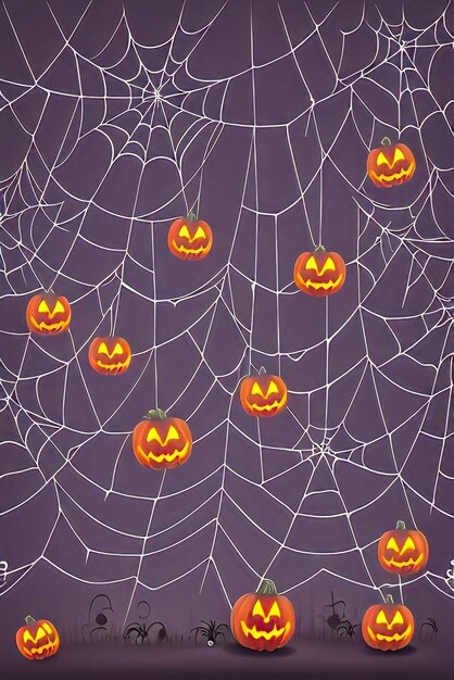 Foto rete di ragno con zucche e rete di ragno su uno sfondo viola
