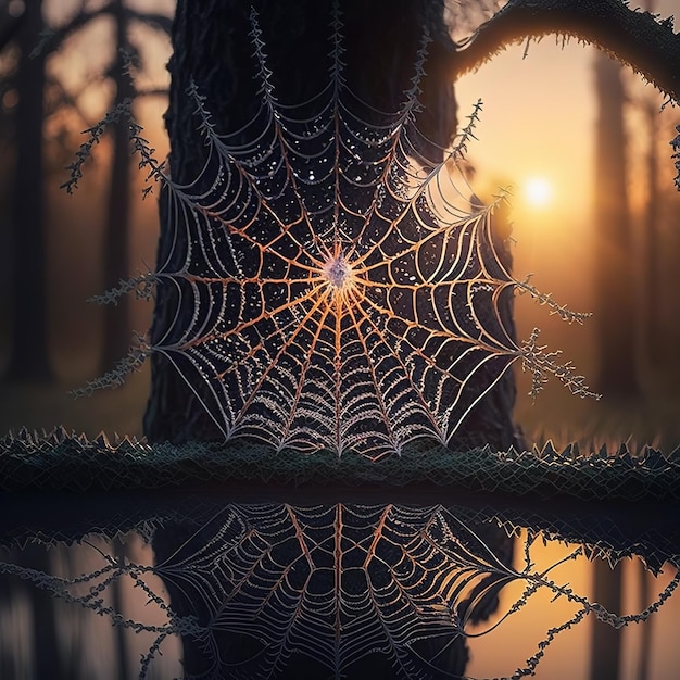 A spider web with a sunset in the background