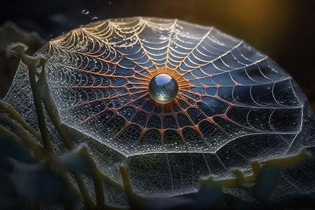 A spider web with a water drop on it