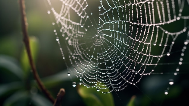 A spider web with water droplets on it