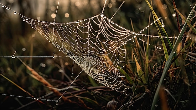 A spider web with water droplets on it