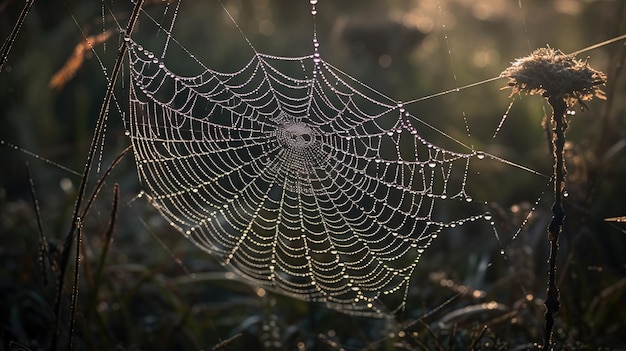 A spider web with water droplets on it