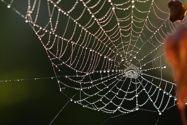 A spider web with water droplets on it