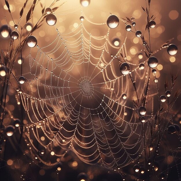 Photo spider web with water drops and dew drops on it