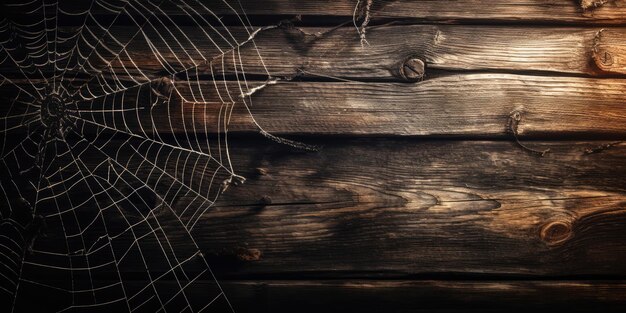 Spider web on wooden background Generative AI