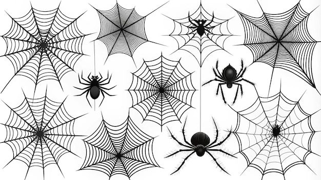 Photo spider webs that are black and white with spiders on them