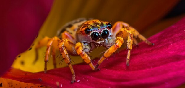 A spider with big eyes sits on a flower.