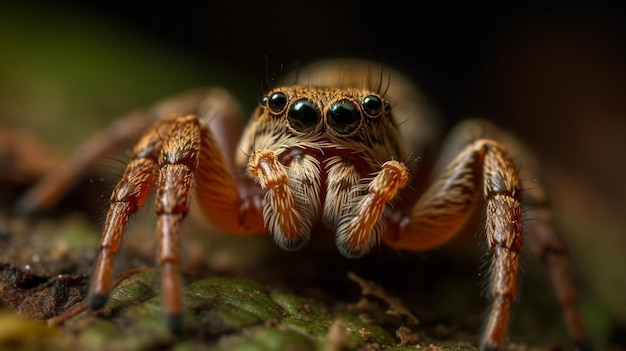 A spider with big eyes sits on a green leaf.