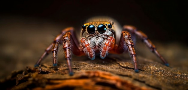 A spider with big eyes sits on a piece of wood.