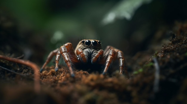 A spider with big eyes sits on a rock.