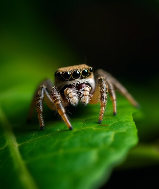 검은색과 갈색 눈을 가진 거미가 녹색 잎에 앉아 있습니다.