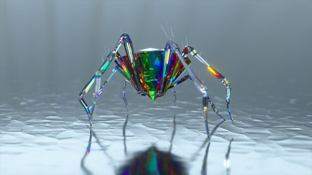 Spider with a body made of a large diamond stone walks on a smooth mirror surface Rainbow color