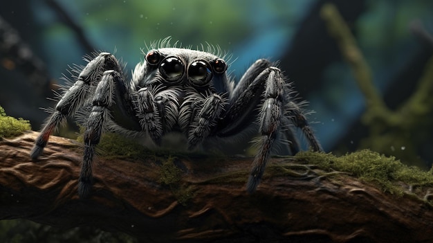 A spider with eyes and eyes on a tree branch.