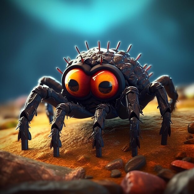 A spider with orange eyes and orange eyes is on a rock.