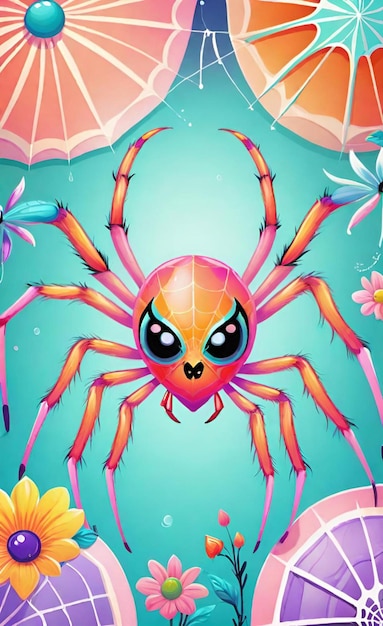 a spider with a pink hat on its head is shown with flowers and a pink and yellow butterfly