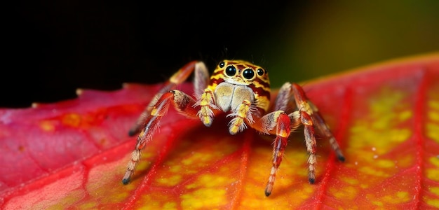 A spider with a yellow and black face sits on a flower.