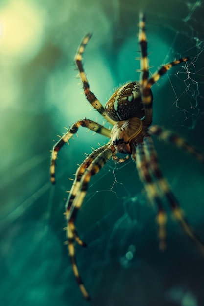 Spider with yellow and black head sitting on green background