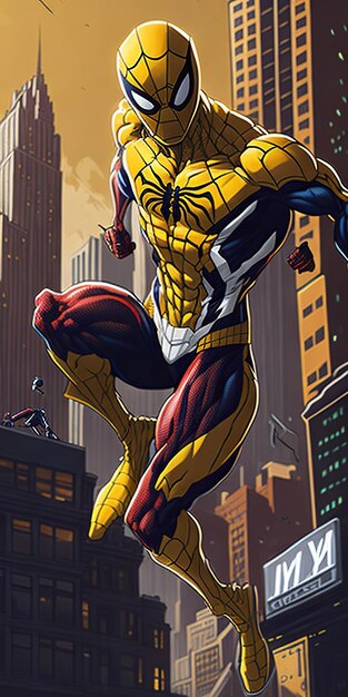 Photo spiderman costume redesigned in a shiny metallic gold material