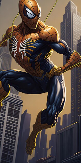 Photo spiderman costume redesigned in a shiny metallic gold material