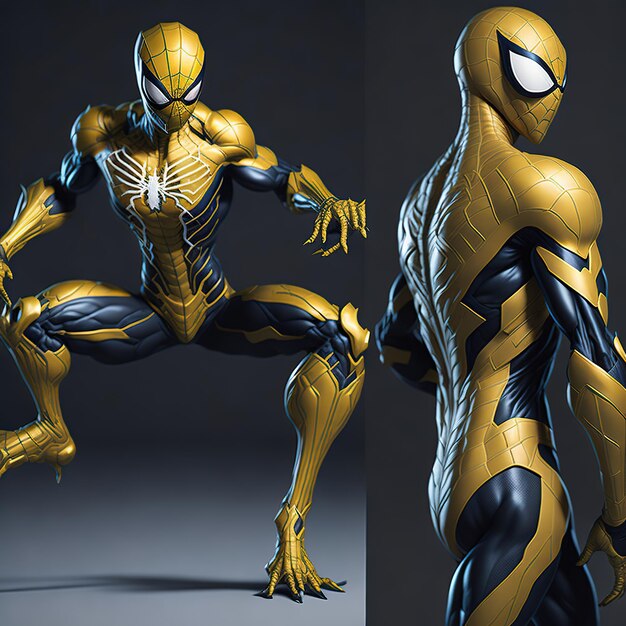 Photo spiderman costume redesigned in a shiny metallic gold material