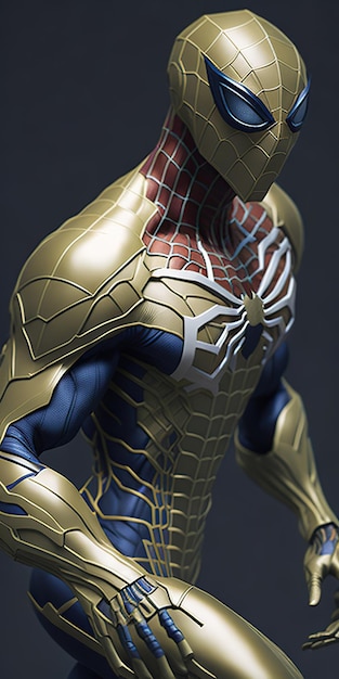 Photo spiderman costume redesigned in a shiny metallic gold material