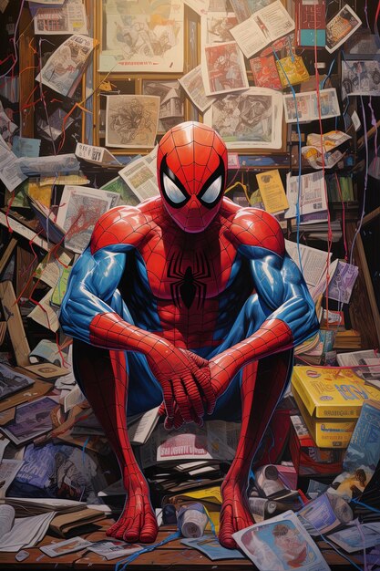 Photo a spiderman figure sits in front of a pile of books and other items