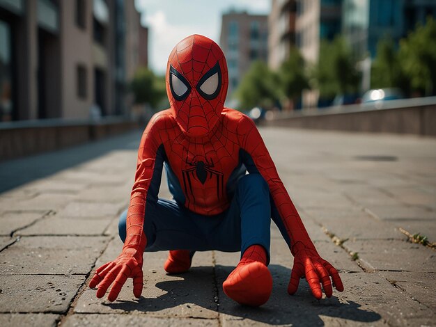A spiderman figure sits on a sidewalk in a spiderman suit