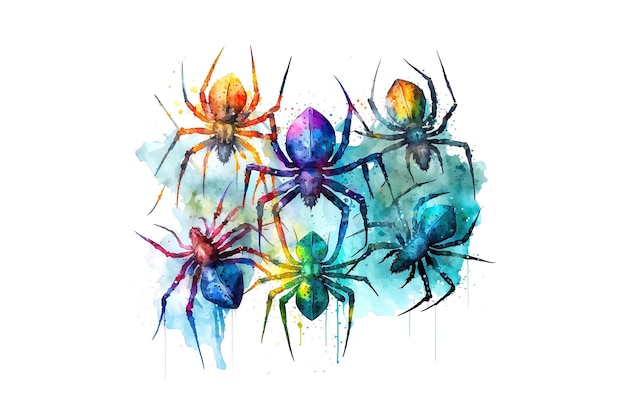 Spiders are drawn with multicolored watercolors isolated on a white background Generated by AI