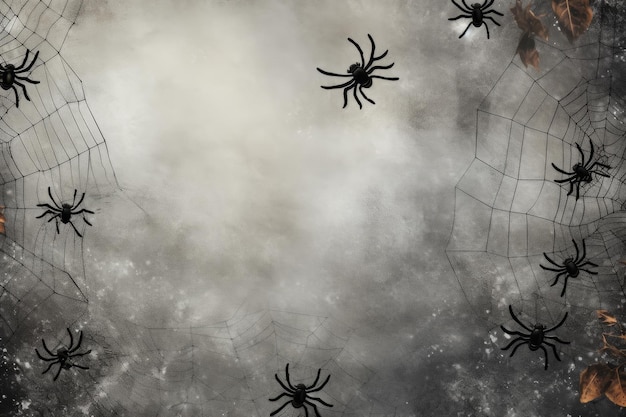 Spiders crawling on a cobweb covered background with blank space