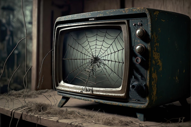 生成 AI で作成された古い小屋の木製テーブルの上にある古いテレビの中のクモ