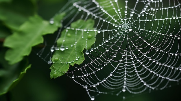 A spiders web adorned with dewdrenched leaves ai generative