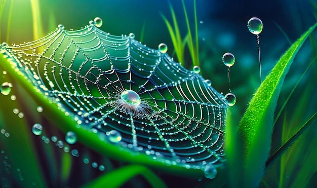 A spiderweb glistening with dewdrops delicately woven between blades of grass