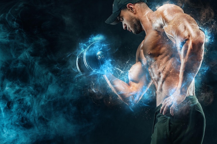 Foto spierfitness sportman atleet met halter in de fitnessruimte energie en kracht