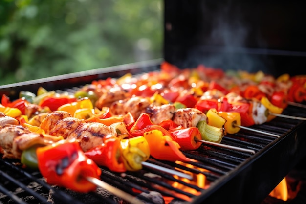 Spiesjes met kleurrijke paprika's en kip op de barbecue