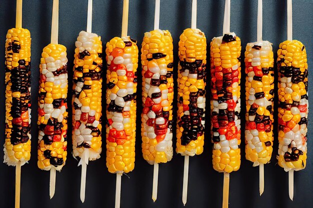 Spiesjes op spiesen gekookt op picknick van heerlijke gegrilde mais