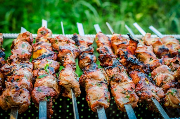 Spiesjes varkensvlees geregen aan spiesjes gebakken op de grill