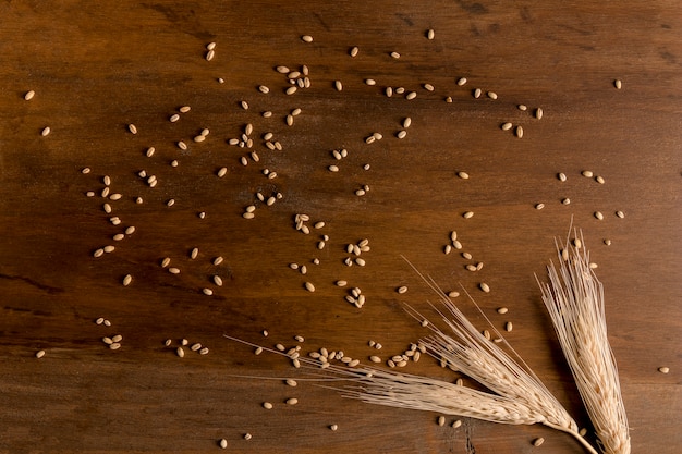 Spike and wheat granules scattered on wooden table