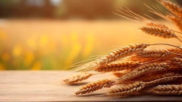 spikelets of wheat against the background of a field on the table selective focus
