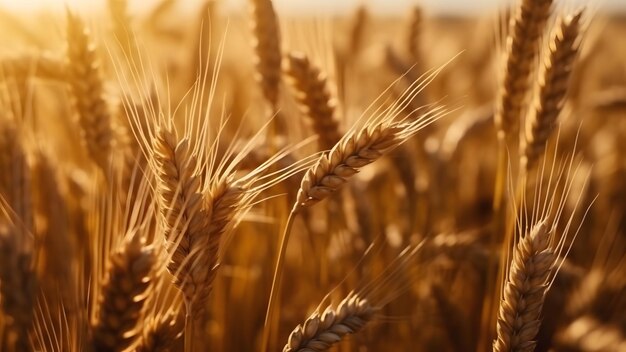 Spikes of ripe wheat at sunny day closeup with selective focus neural network generated image