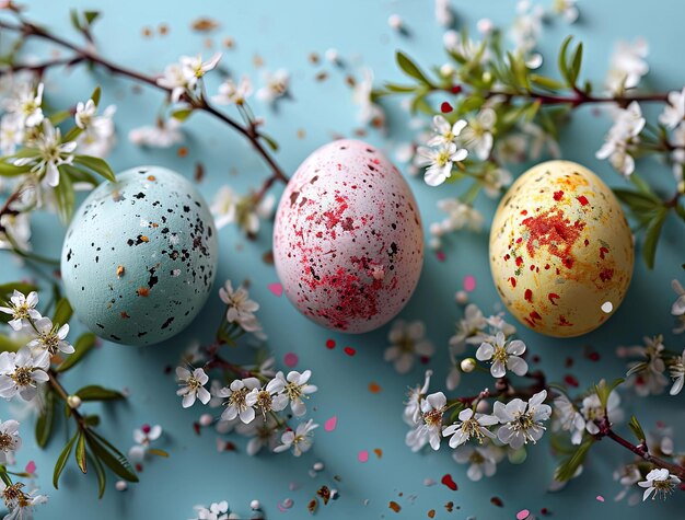 Spikkelde paaseieren te midden van voorjaarsbloesems