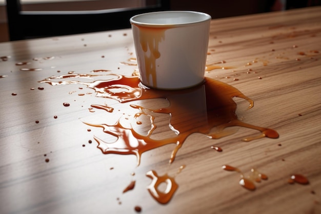 A spilled cup of coffee on a table