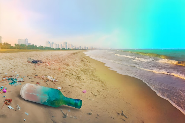Spilled garbage on beach of big city Empty used dirty plastic bottles Dirty sea sandy shore the Black Sea Environmental pollution Ecological problem Neural network AI generated